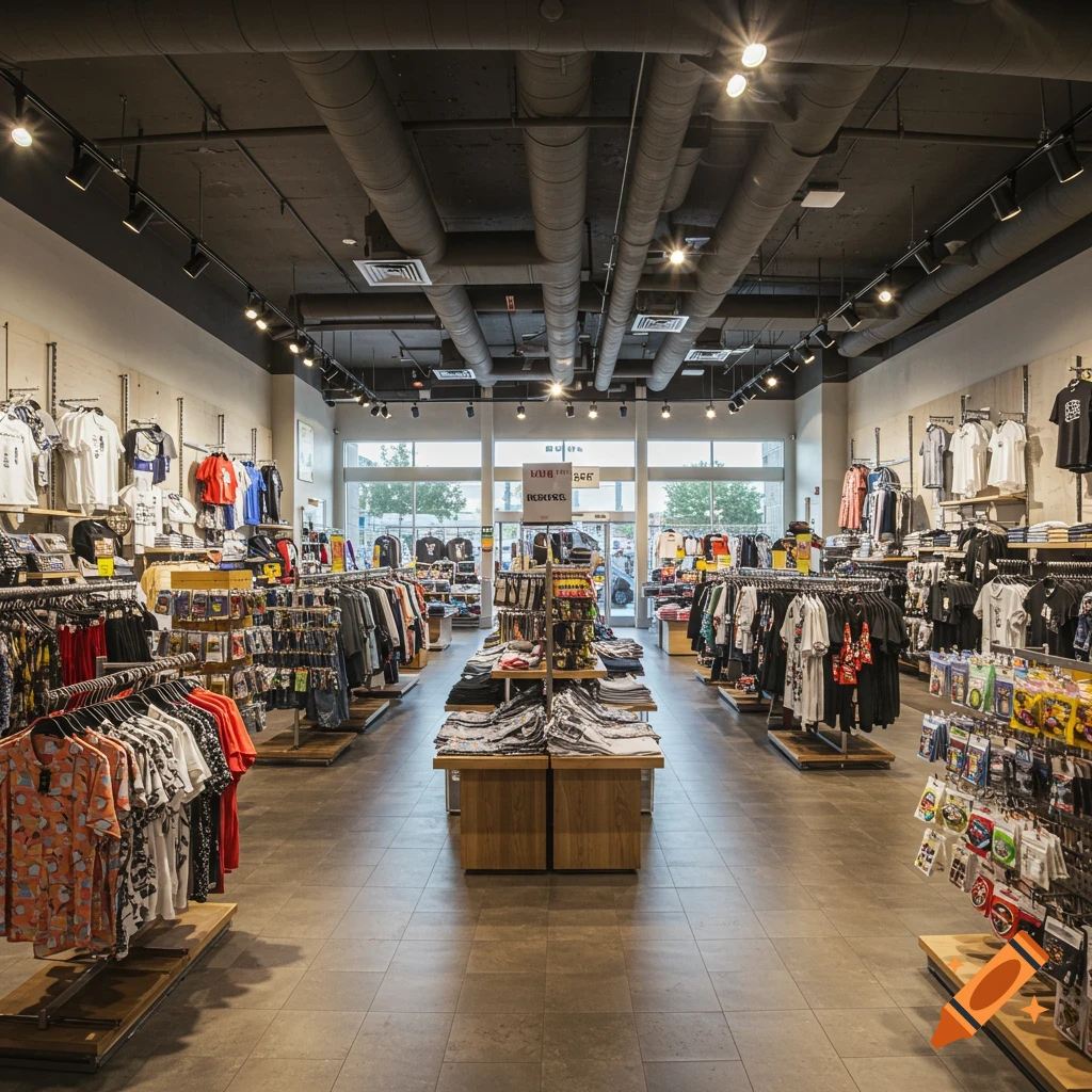 Interior view of a clothing store with racks of shirts, displays of novelties, and natural light from the entrance.