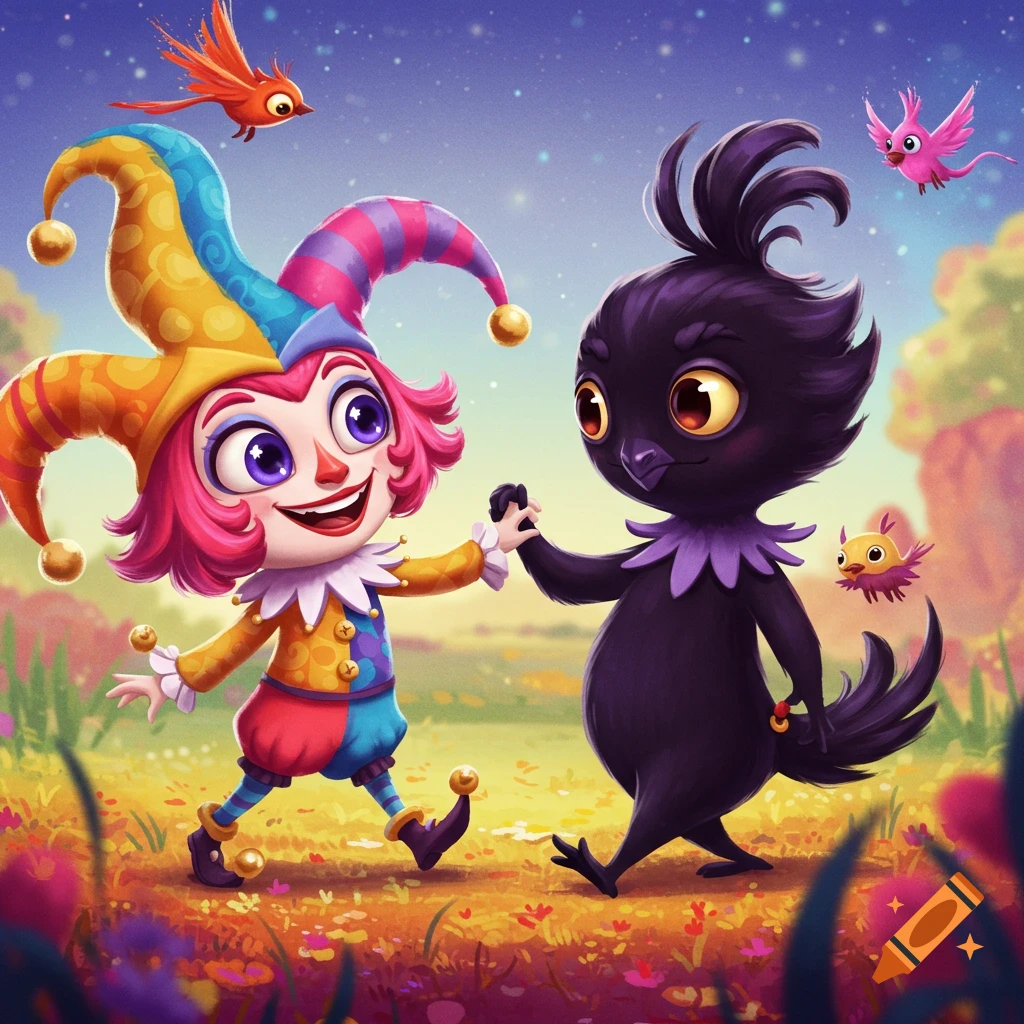 Cartoon jester and bird characters hold hands and walk in a field under a starry sky.