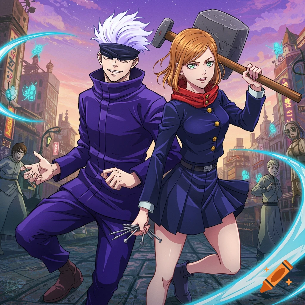 Gojo and Nobara from Jujutsu Kaisen stand in a city street, Nobara holding a hammer and nails.