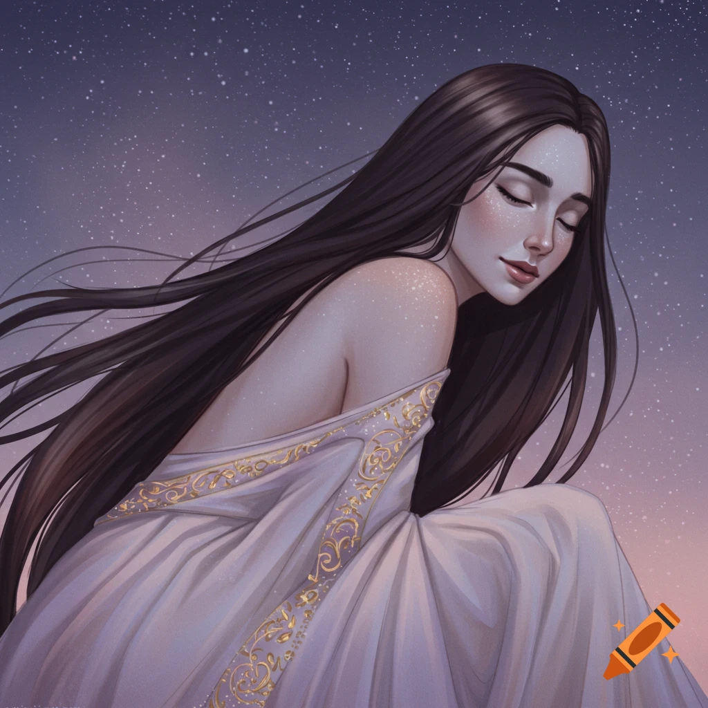 A woman with long dark hair in a white dress against a starry sky.