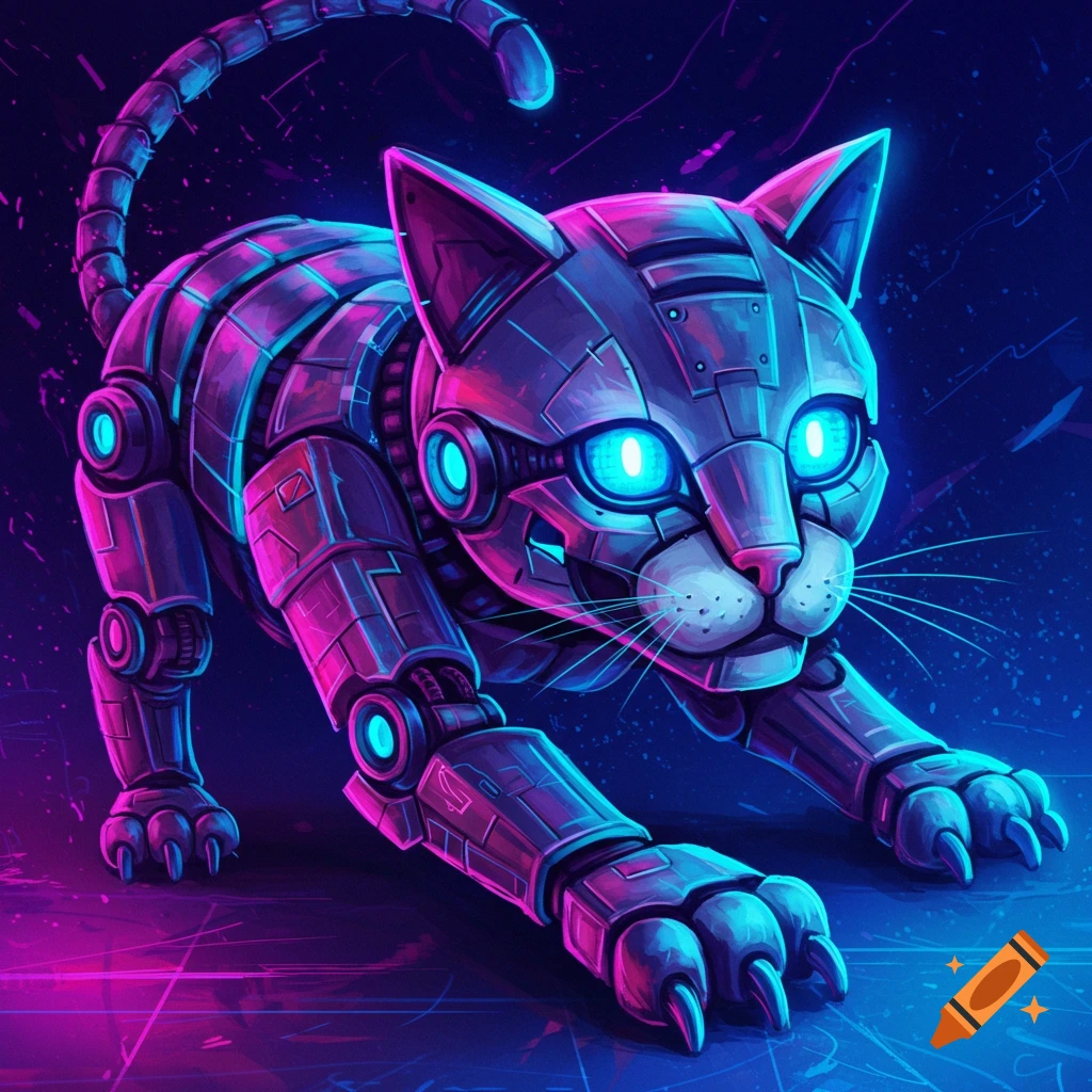 A futuristic robot cat is depicted in a crouching position.