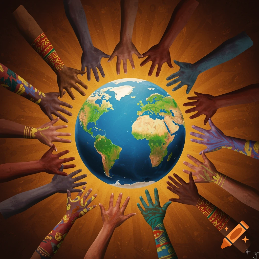 Diverse hands with cultural patterns reaching for a globe, symbolizing unity.