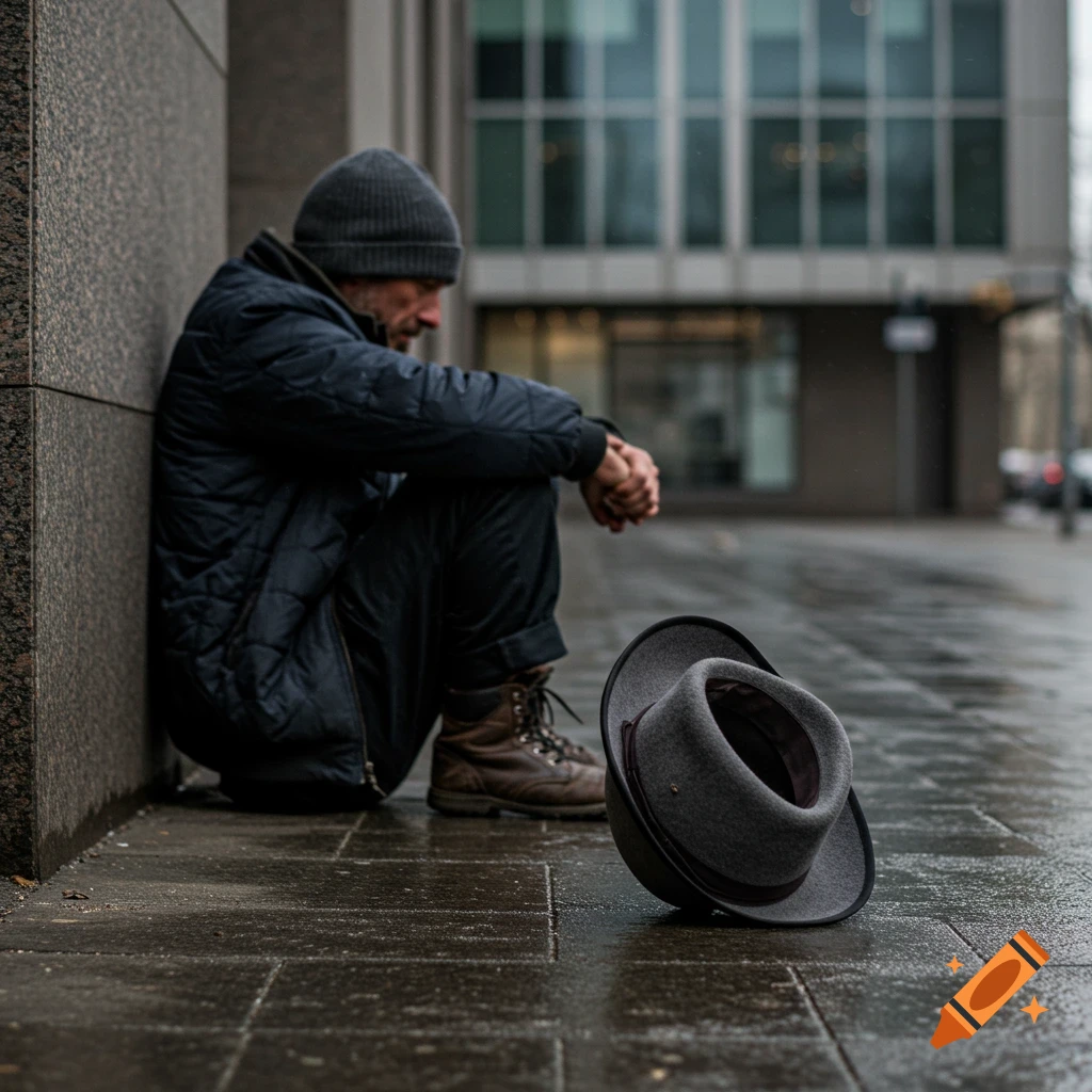 Photorealistic image of a homeless man sitting on a wet sidewalk with a hat in front of him.
