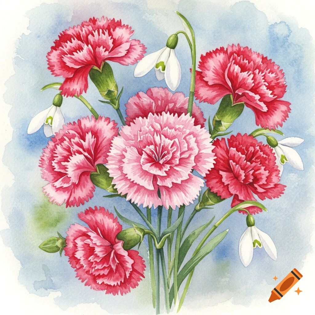 Watercolor painting of a bouquet of pink and red carnations and white snowdrops.