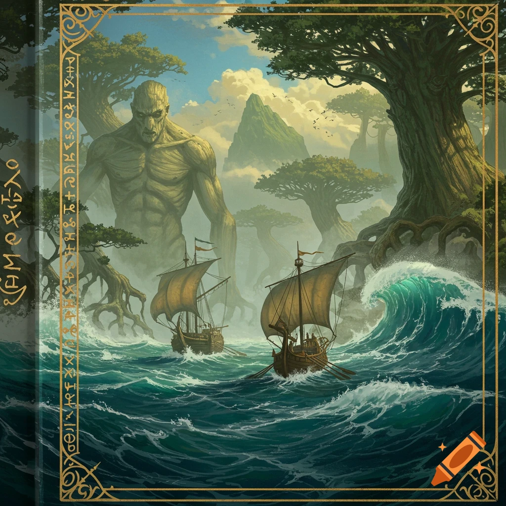 A giant towers over the sea, watching ships battle waves in a mythical landscape.