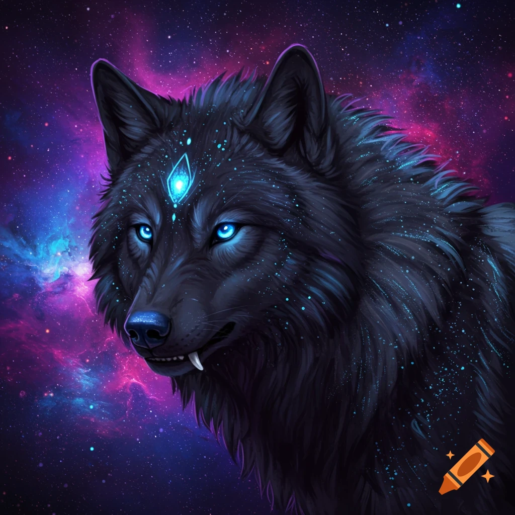 A black wolf with blue glowing eyes and mystical markings against a vibrant purple and blue galaxy background.