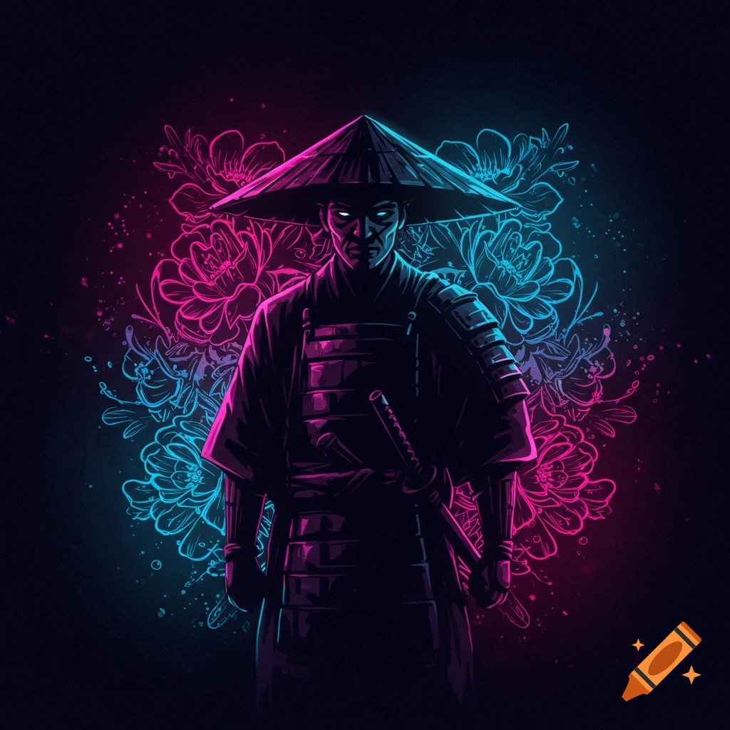 Stylized neon samurai figure against a pink and blue floral background.