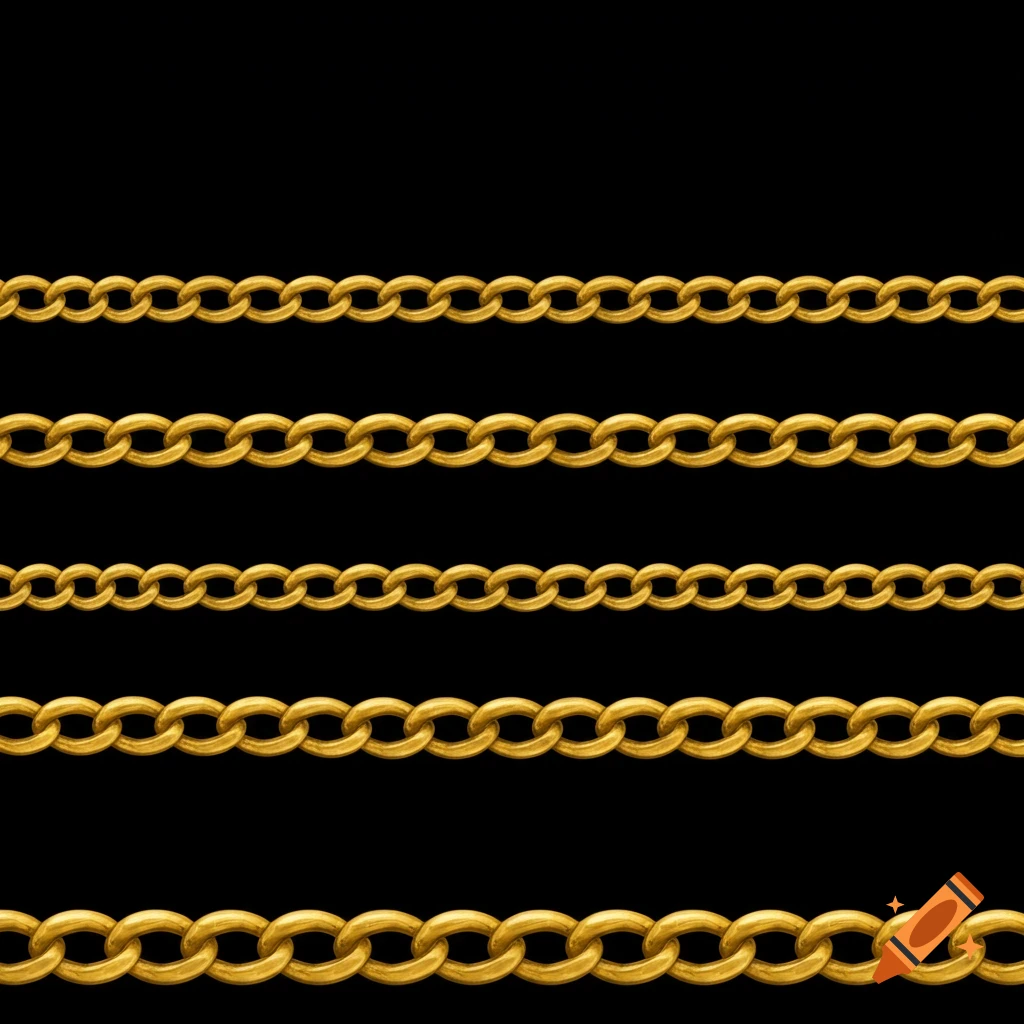 Multiple horizontal rows of gold chains on a black background.