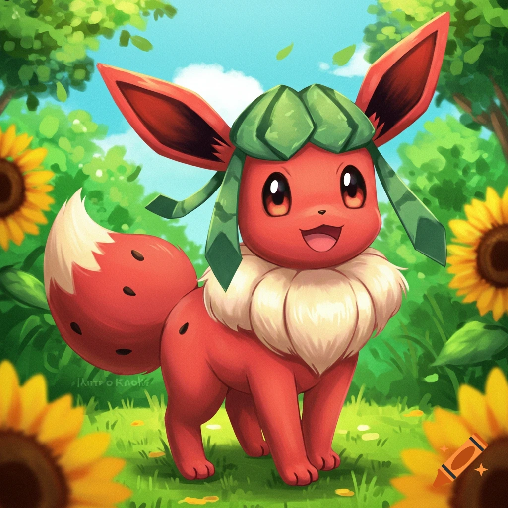 Cute watermelon Eeveelution creature with a leaf hat stands in a sunflower field.