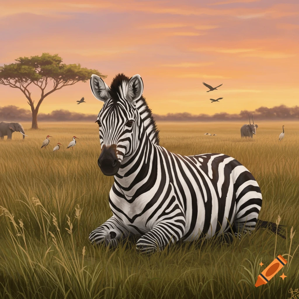 A zebra is sitting in tall grass in a savanna at sunset with other animals and a tree in the background.