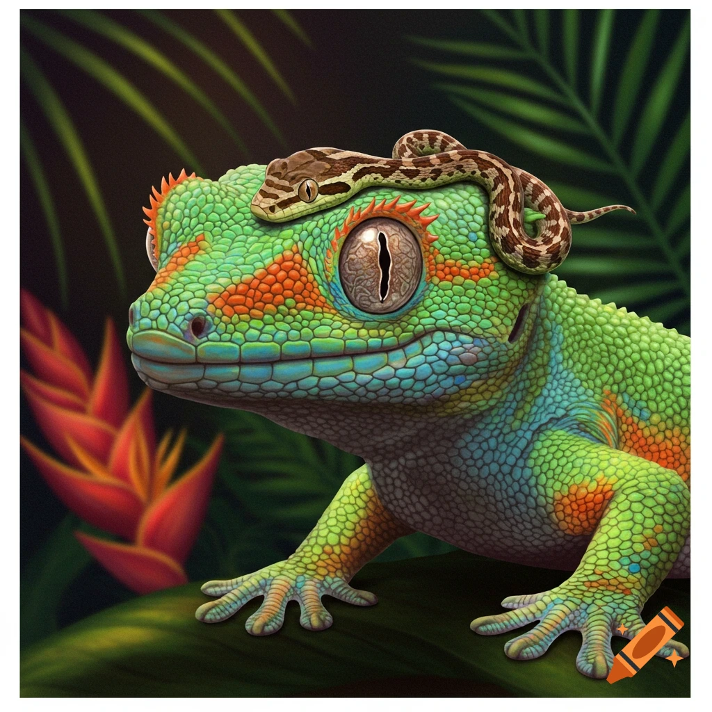 A green gecko with a snake on its head in a jungle setting.