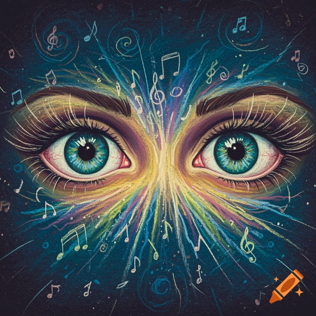 Chalk art close-up of eyes radiating colorful light and musical notes on a dark background.