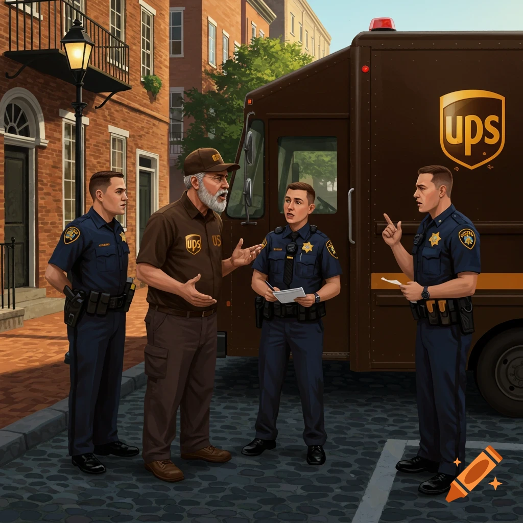 A UPS driver talking to police officers next to a truck on a street.