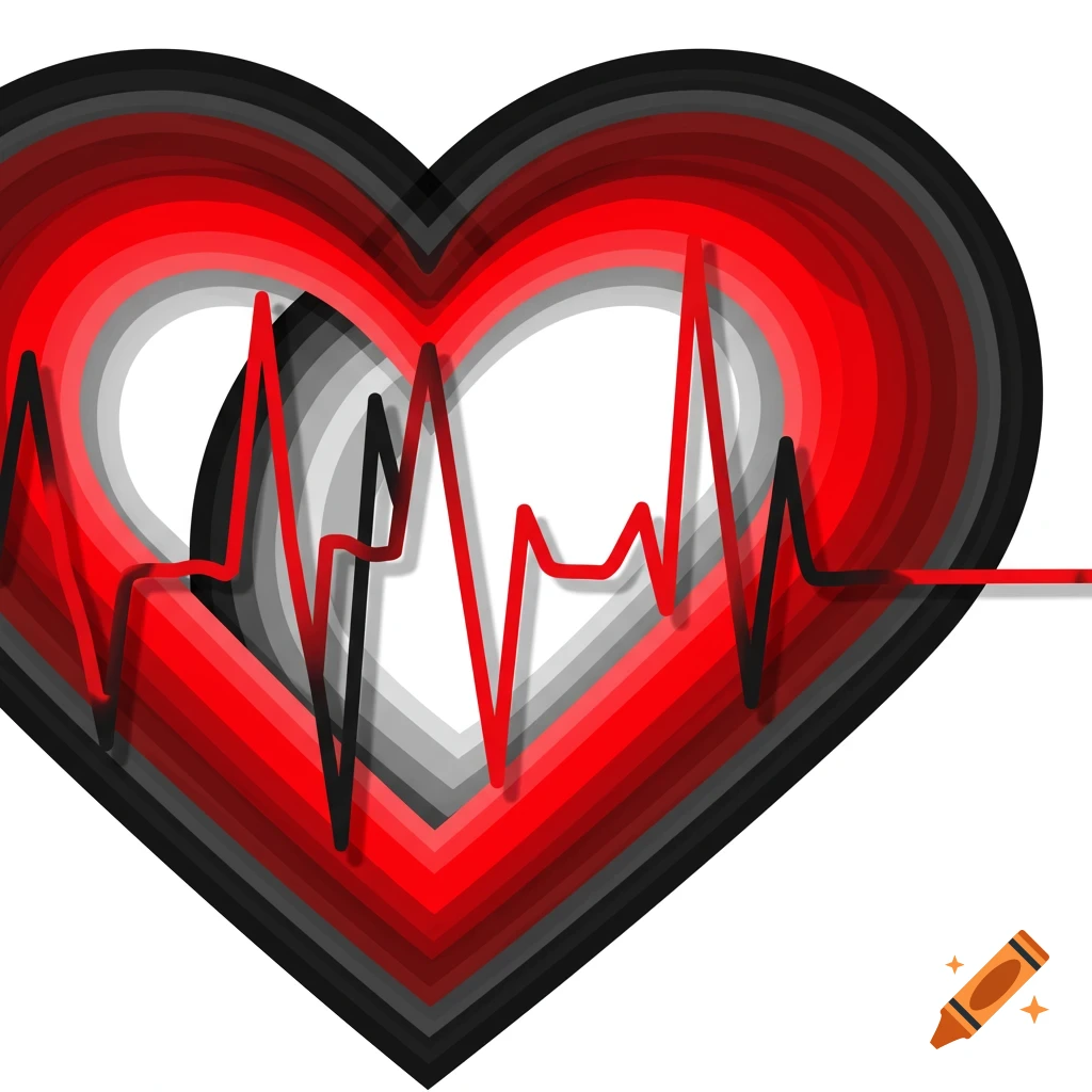 Stylized layered heart with a red and black heart rhythm line.