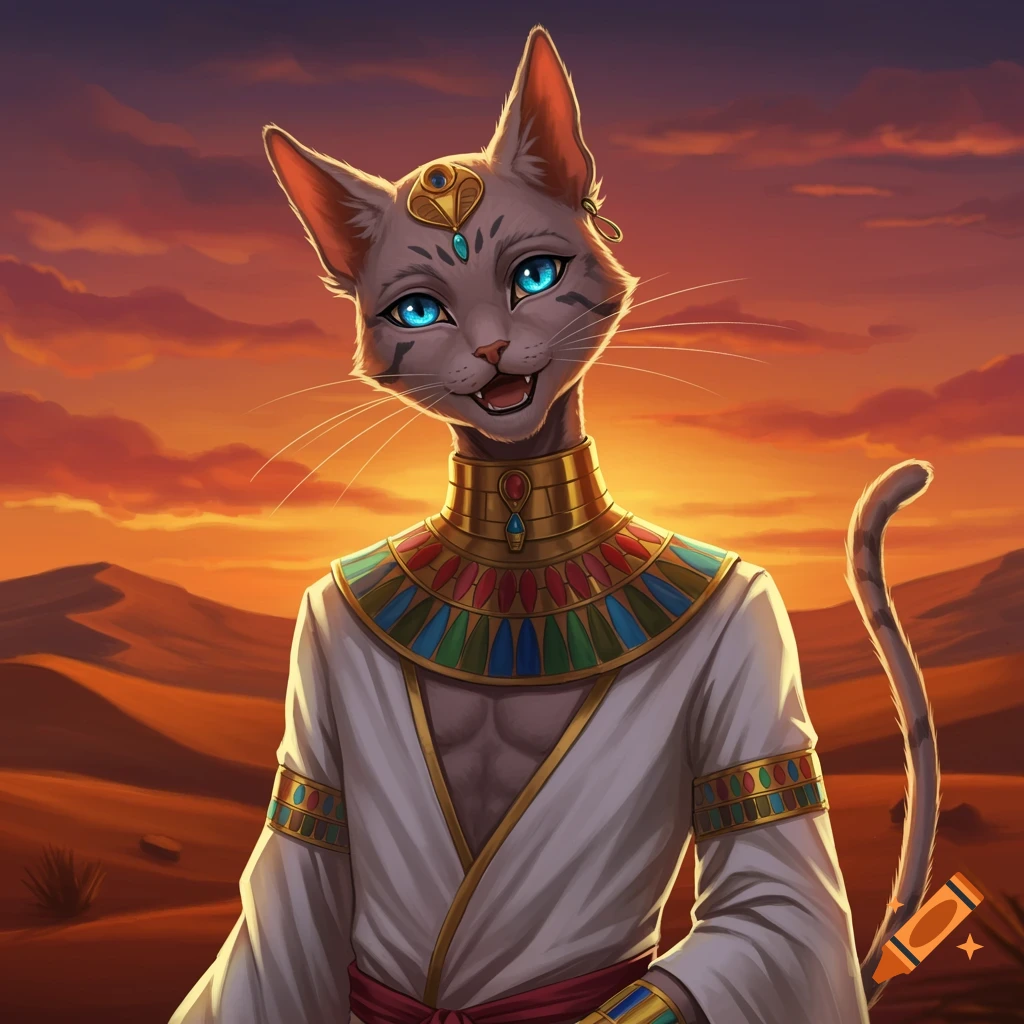 Anime-style depiction of an Egyptian cat-person in a desert at sunset.