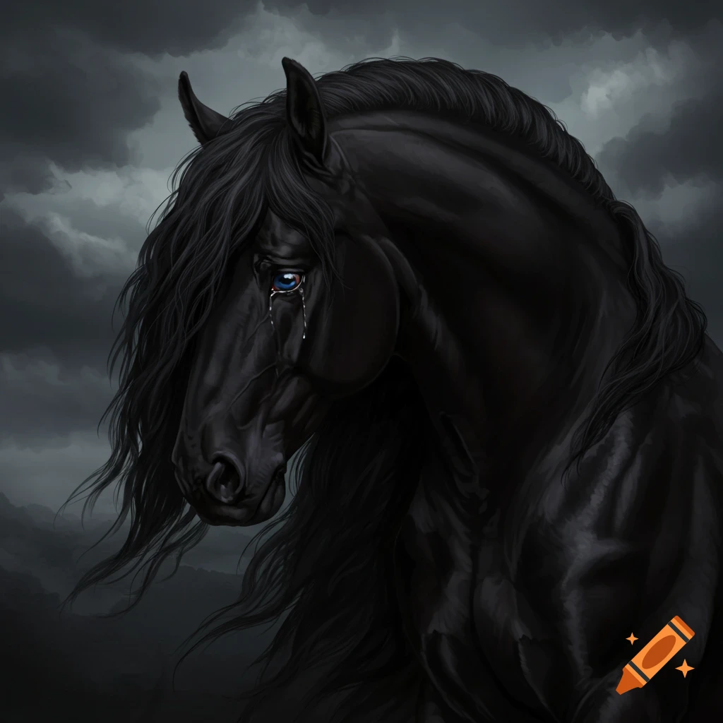a black horse with a tear in its eye under a stormy sky.