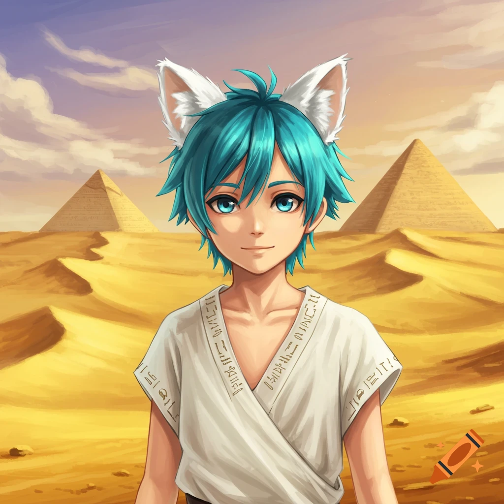 Anime boy with cat ears in a desert with pyramids