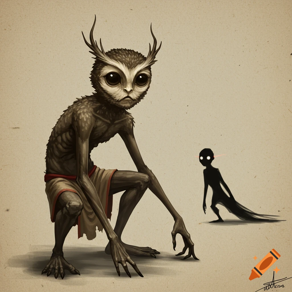 Creature with an owl head and antlers squatting, with a small dark shadow figure behind it.