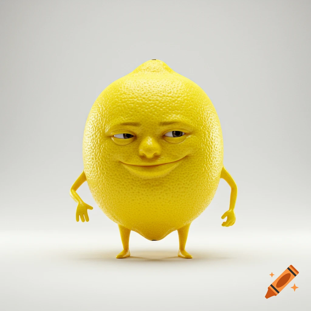 3D render of an anthropomorphic lemon with a smug face standing confidently
