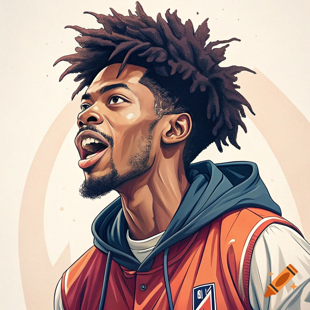 Stylized illustration of a young man with dreadlocks wearing a hoodie and jacket, looking up.