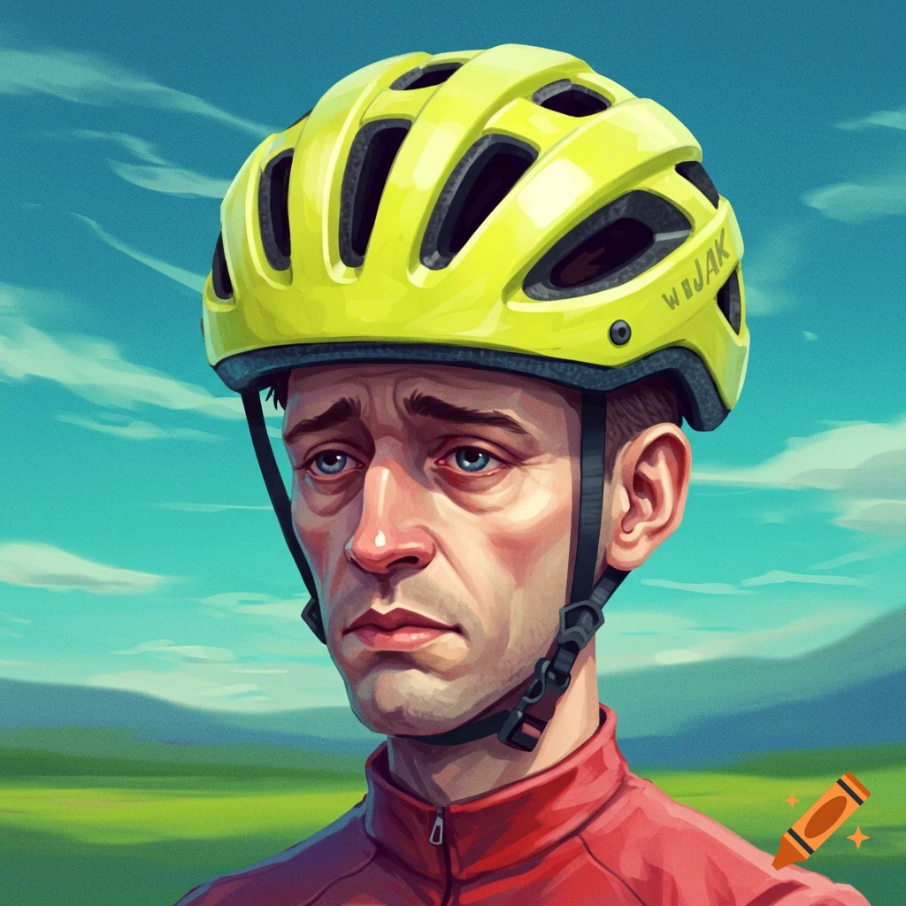 A sad wojak character wearing a yellow bicycle helmet.