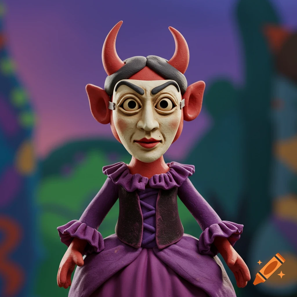 Claymation devil figure with a mask and purple dress