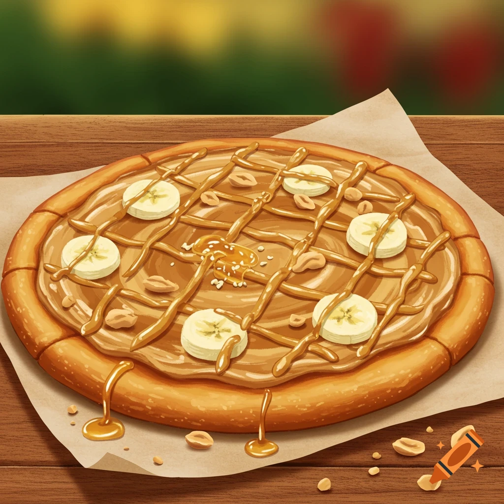 A peanut butter pizza topped with banana slices, peanuts, and honey drizzle on a wooden table.