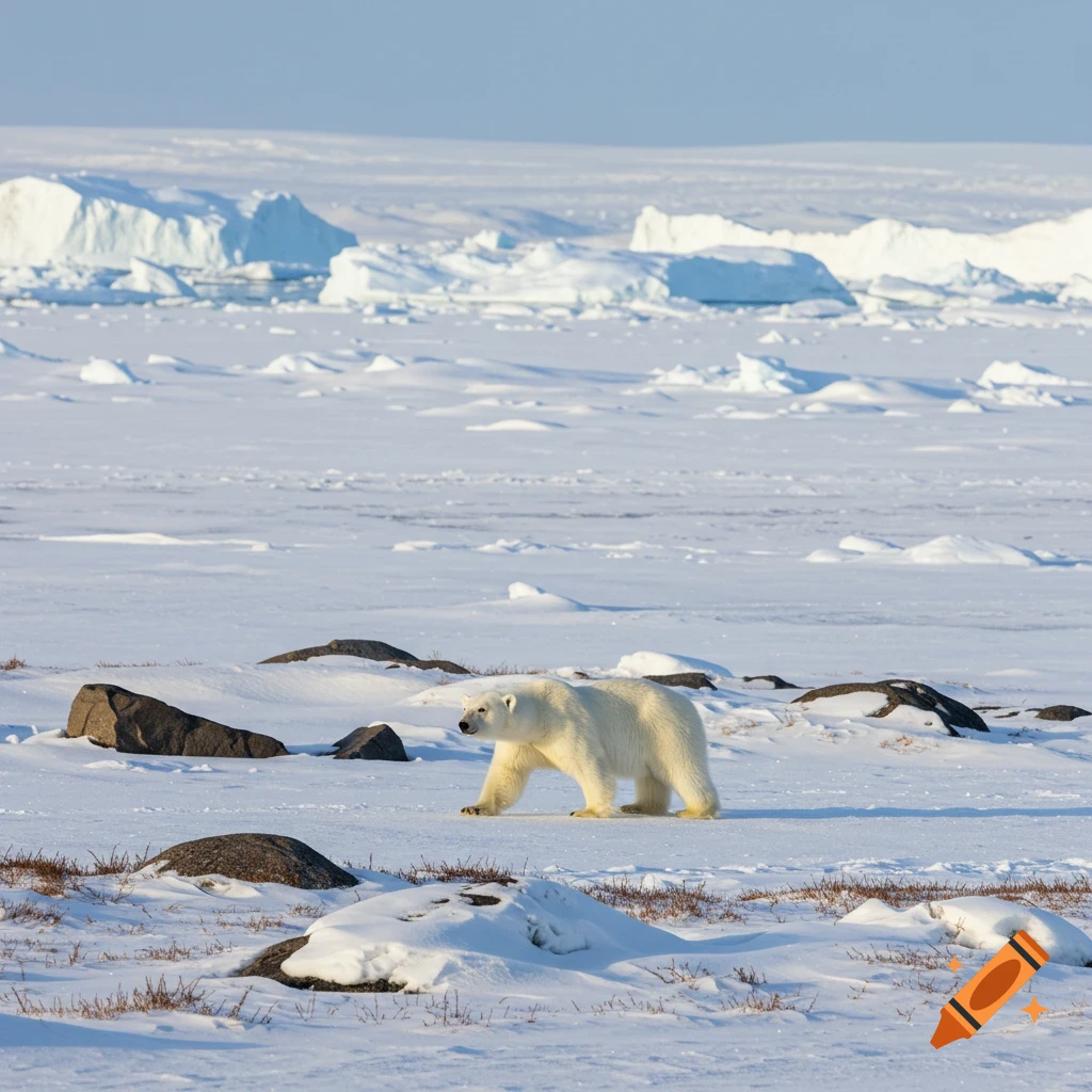A polar bear walks across a snowy landscape with rocks and icebergs in the background.