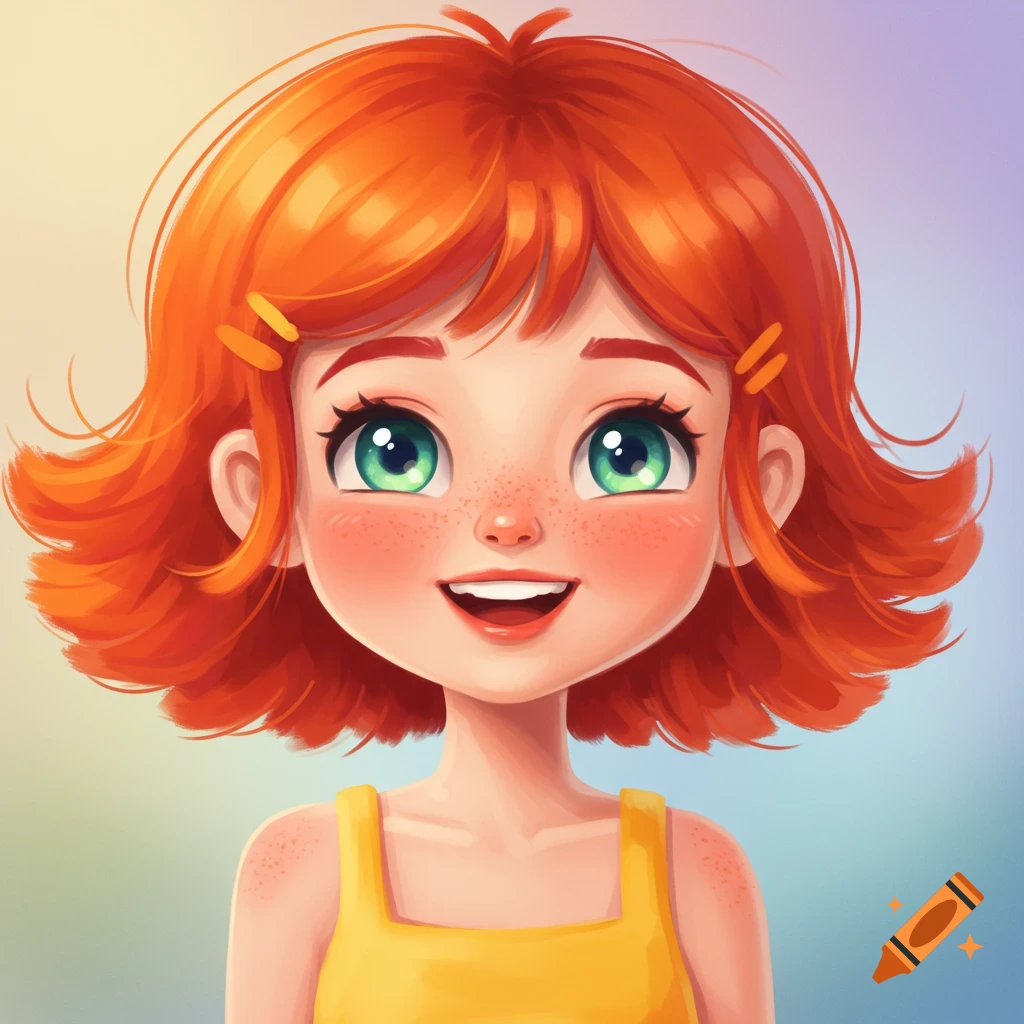 Cartoon illustration of a smiling girl with red hair, green eyes, and a yellow tank top.