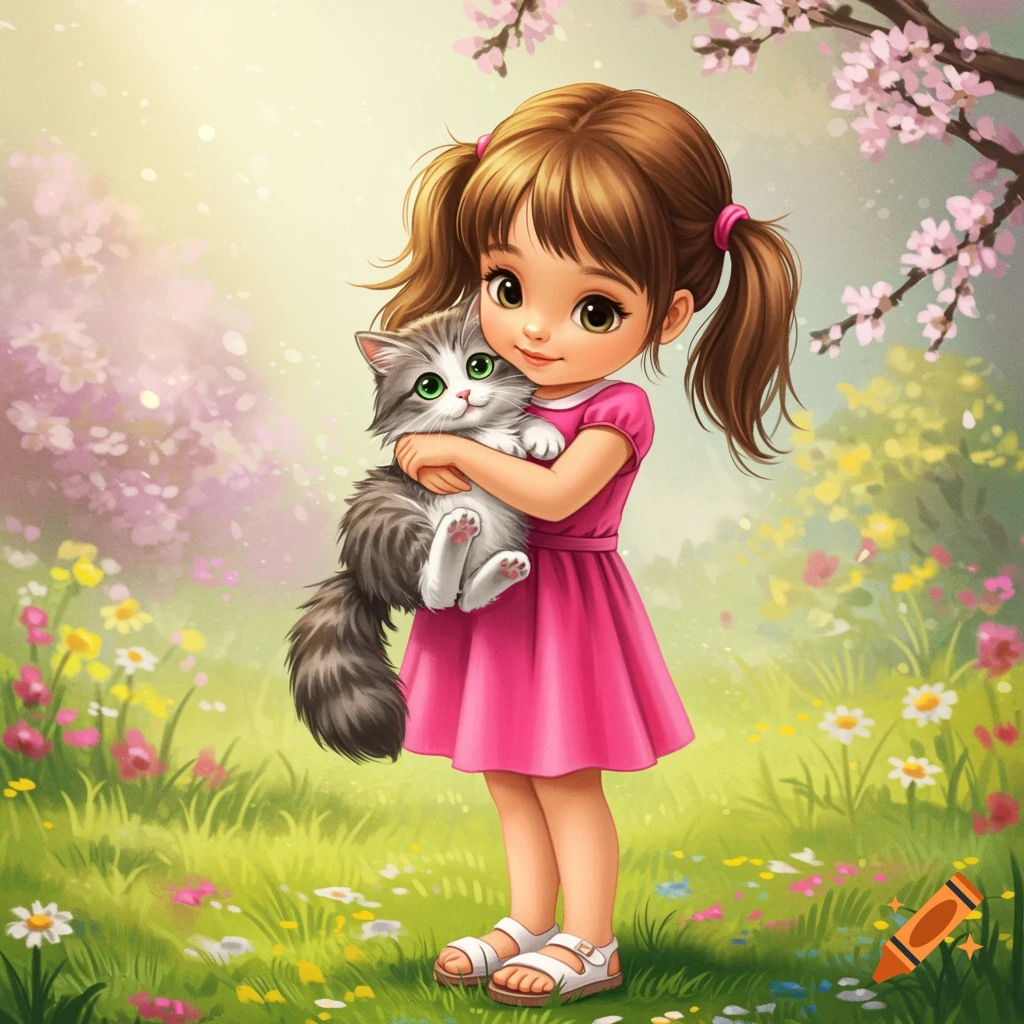 A little girl is holding a cat in a flower garden.