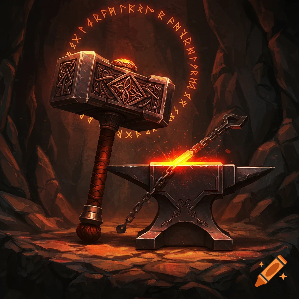 A dwarven hammer and anvil with glowing runes above in a forge.