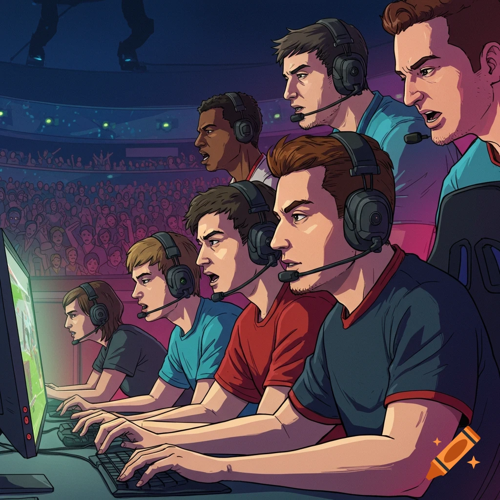 Gamers playing a video game in an esports arena with a crowd in the background, digital art style.