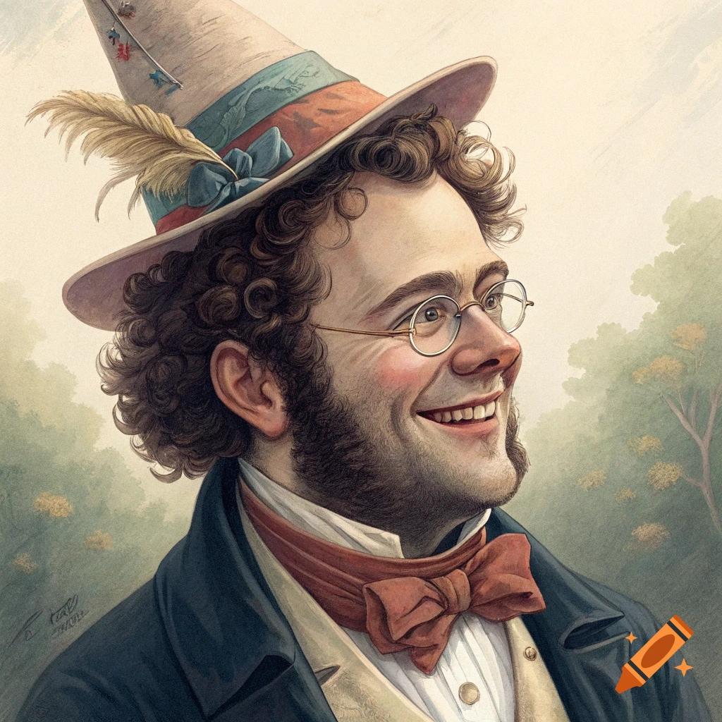 Portrait of a man in historical clothing and a hat, smiling. Watercolor illustration.