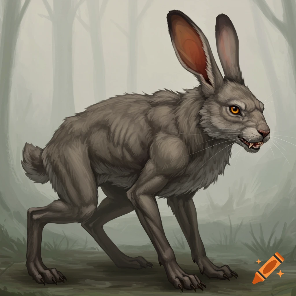 A muscular rabbit-wolf hybrid creature with sharp teeth is standing in a misty forest.