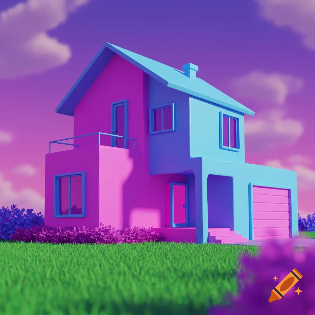 A stylized pink and blue house with a garage under a purple sky.