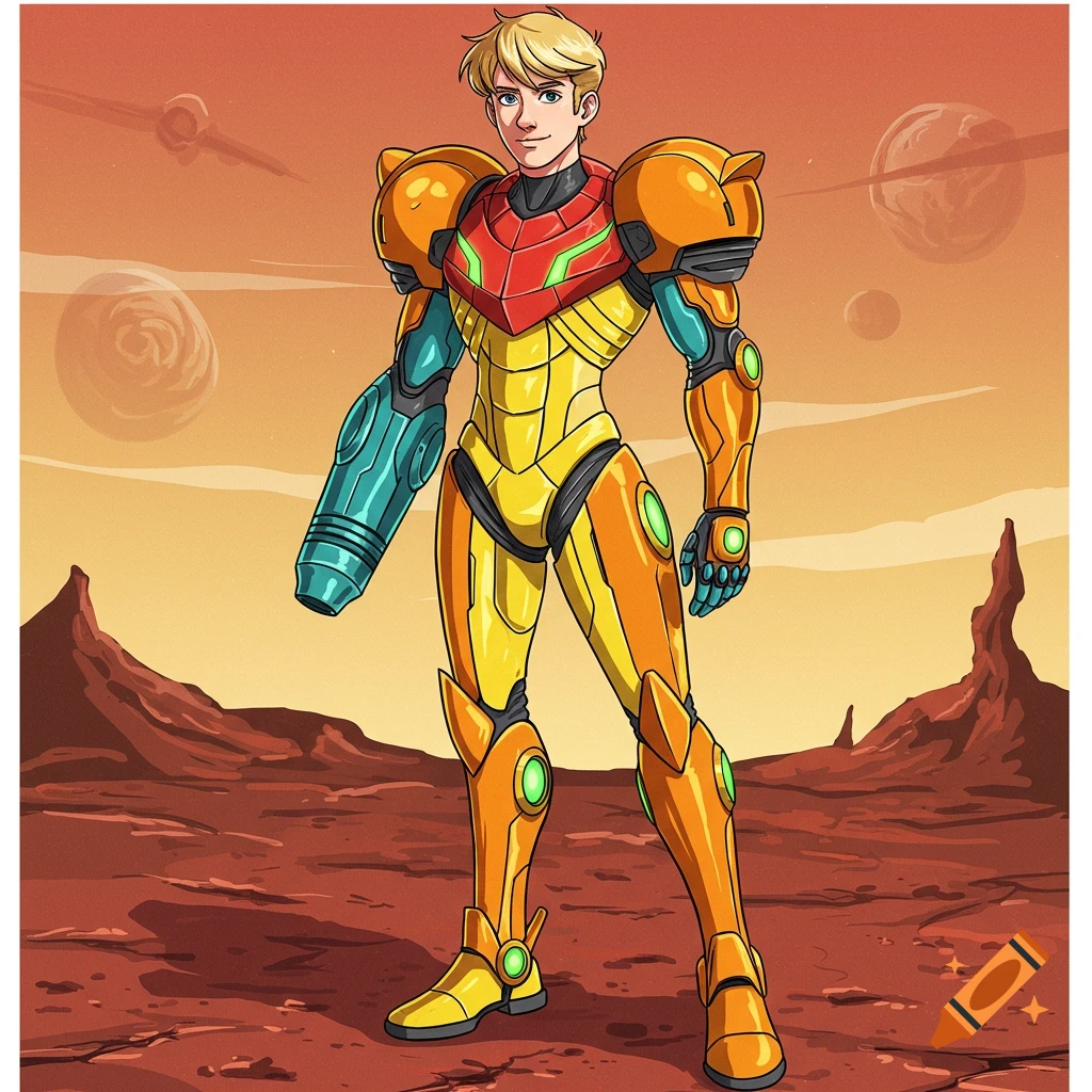 Illustration of a male character in an orange, yellow, and blue sci-fi suit standing on a red alien planet.