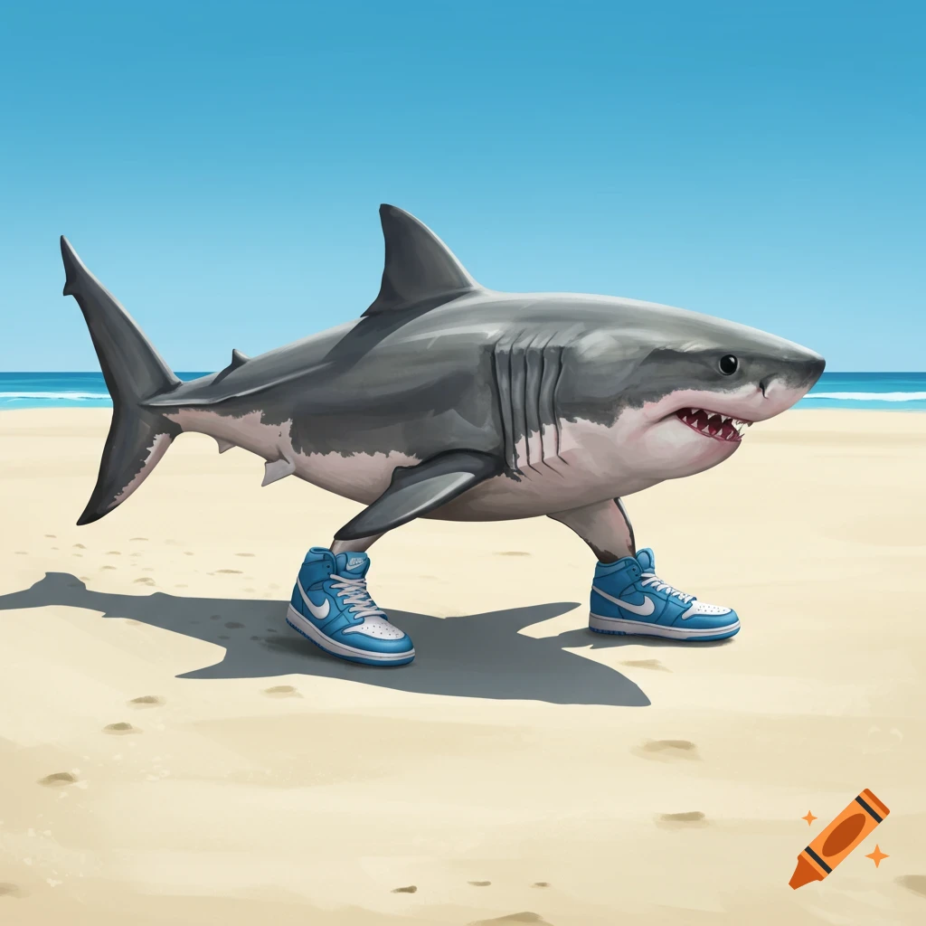 A shark wearing blue sneakers walks on a sandy beach.