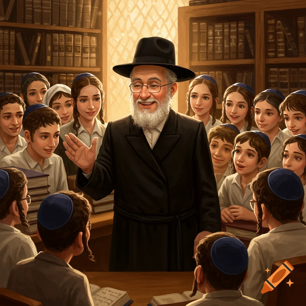 A friendly orthodox rabbi teaches students in a library.