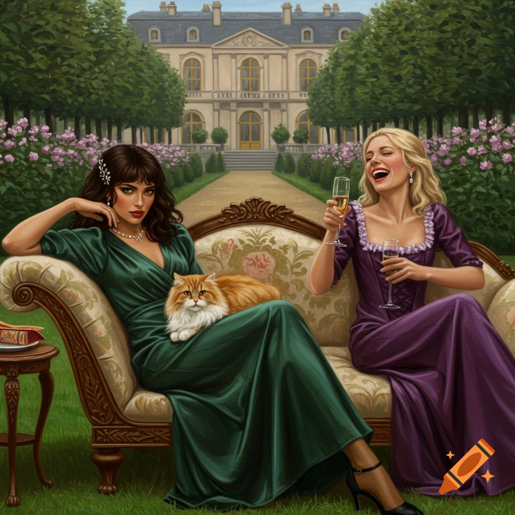 Two women and a cat lounge on a couch in a formal garden before a chateau, in a painting style.