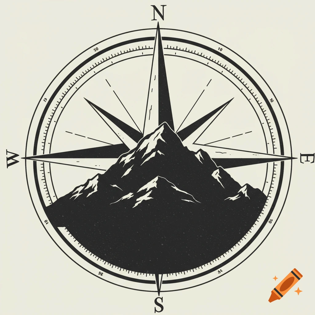 Black and white illustration of a compass rose with mountains in the center