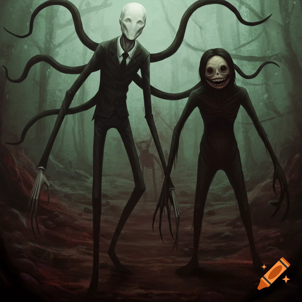 Slenderman and a toothy monster in a dark forest