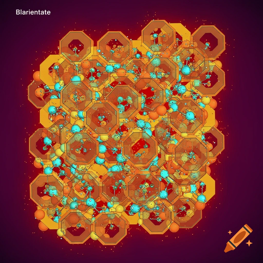 An abstract rendering of an intricate crystal or molecular structure composed of interconnected orange octagons, blue spheres, and yellow elements on a dark background.