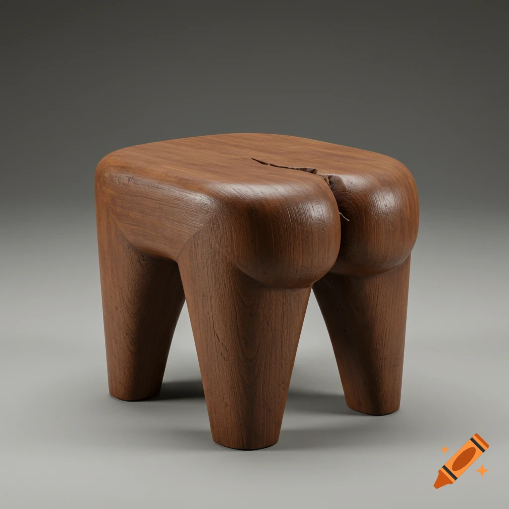A brown wooden stool shaped like a human bum, studio photo.
