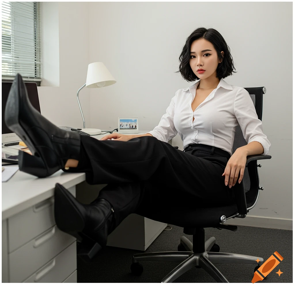 A woman in a white shirt and black pants sits in an office chair with her feet up on the desk.