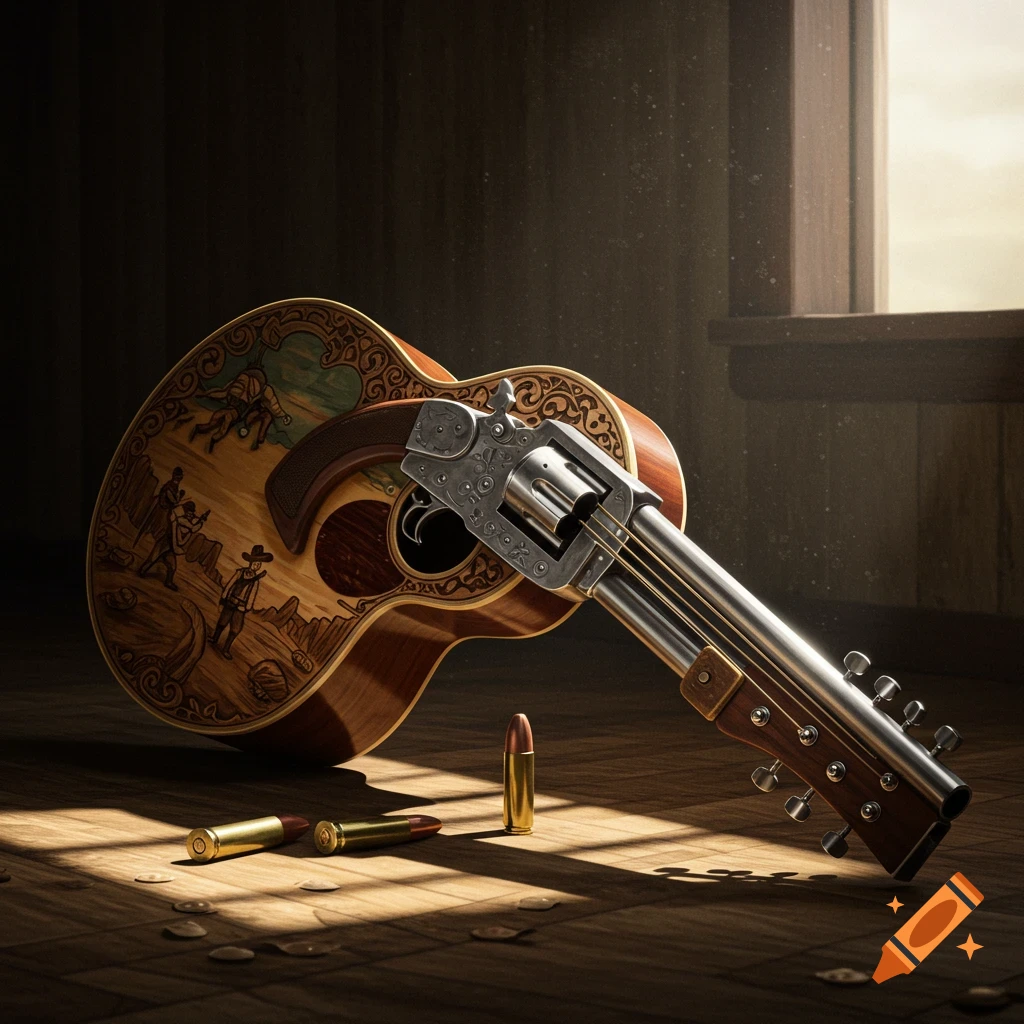 An acoustic guitar with a shotgun barrel and cylinder integrated into it, lying on a wooden floor with bullets nearby.