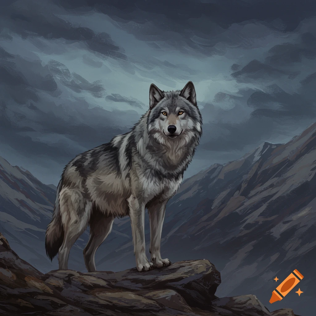 A wolf stands on a rock in a mountain landscape under a cloudy sky.