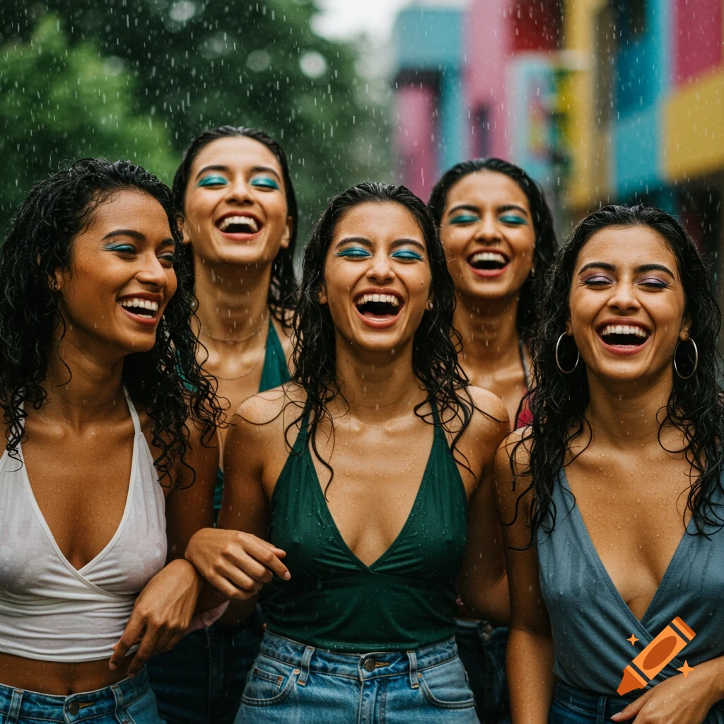 Five women with vibrant makeup laughing in the rain with colorful buildings in the background