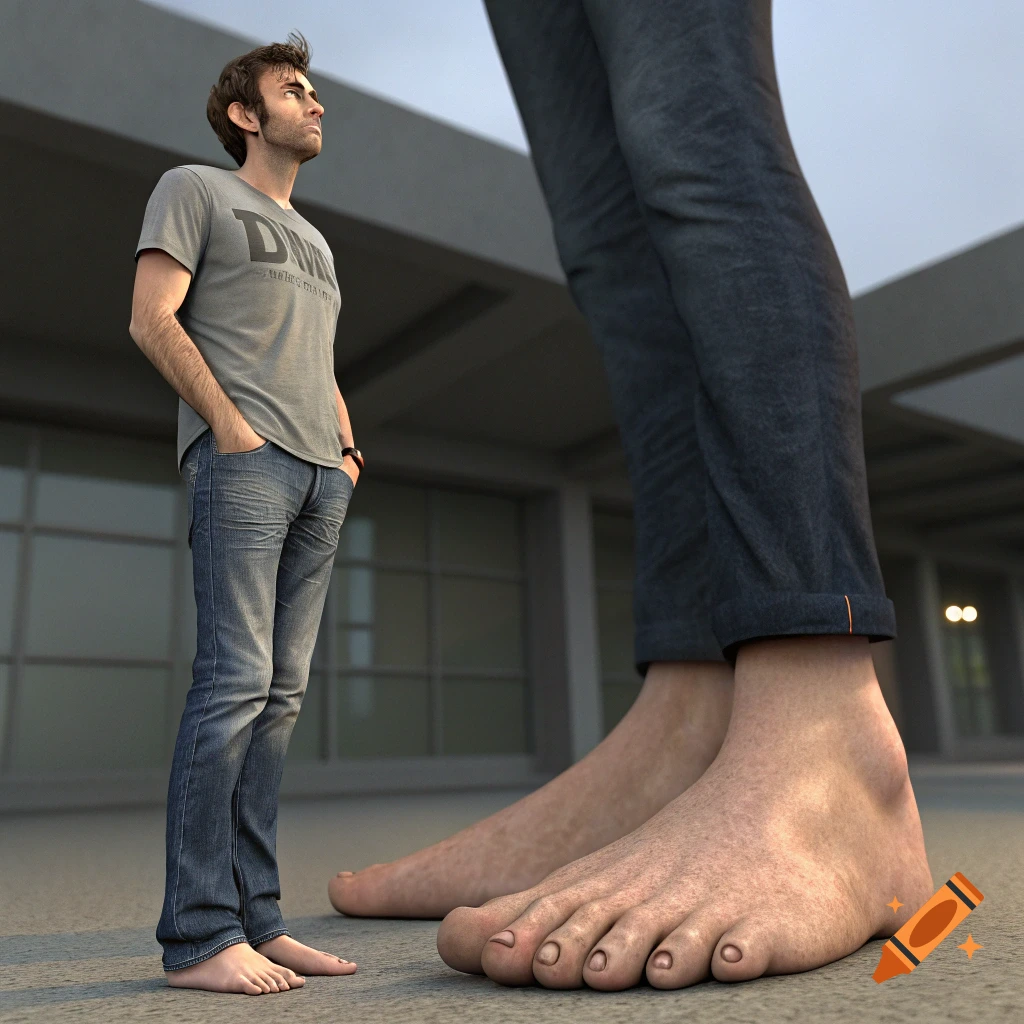 A giant person's large bare feet are in the foreground, dwarfing a smaller person standing nearby in a grey shirt and jeans. Realistic 3D render.