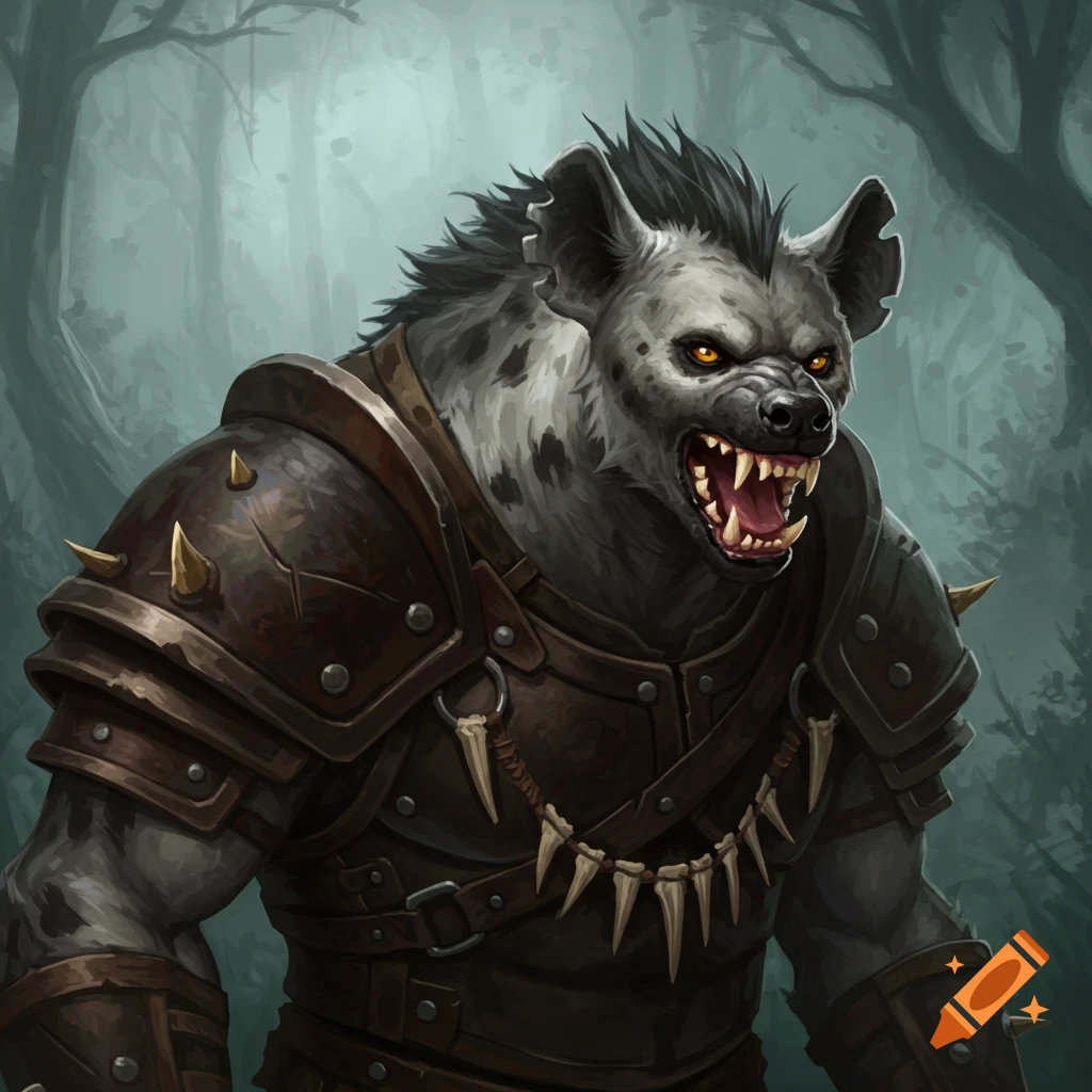 A hyena-headed fantasy brute wearing leather armor with metal shoulder pads and a bone necklace in a forest.