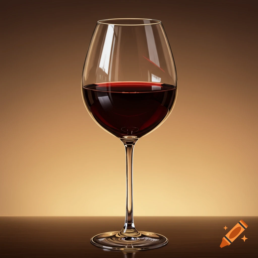 A full wine glass on a table.